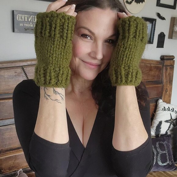 Handmade Accessories - Hand Knit Fingerless Gloves, Armwarmers in Olive Green Yarn, Womens "Elderwood",